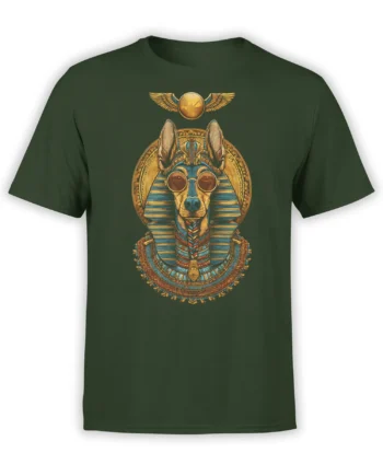 green unisex t-shirt with an ornate egyptian pharaoh dog wearing sunglasses in gold and blue centered on the chest