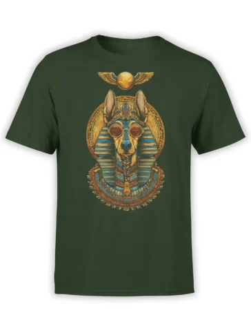 green unisex t-shirt with an ornate egyptian pharaoh dog wearing sunglasses in gold and blue centered on the chest
