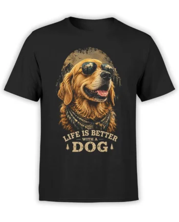 Black unisex t-shirt featuring a golden dog in aviator sunglasses with mountains reflected in the lenses and “Life Is Better With A Dog” slogan