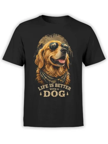 Black unisex t-shirt featuring a golden dog in aviator sunglasses with mountains reflected in the lenses and “Life Is Better With A Dog” slogan