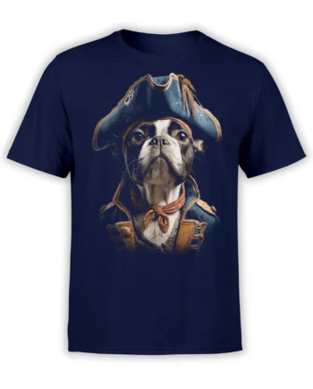 Navy unisex T-shirt featuring a detailed pirate dog portrait in tricorne hat and ornate coat, displayed flat from the front.