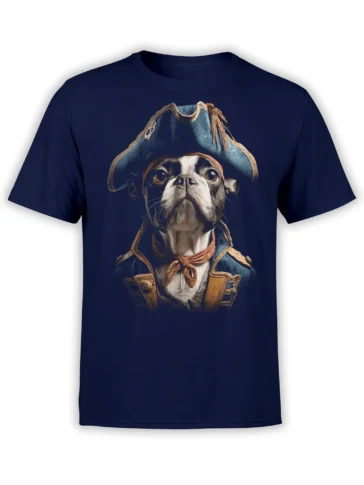 Navy unisex T-shirt featuring a detailed pirate dog portrait in tricorne hat and ornate coat, displayed flat from the front.