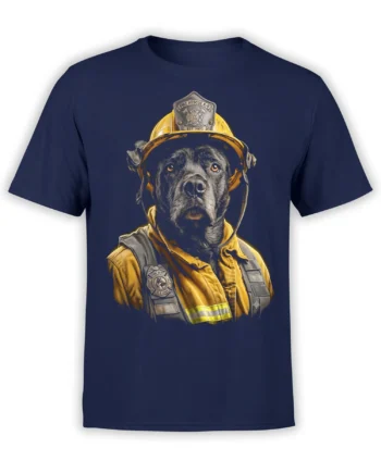 navy unisex t-shirt with realistic black firefighter dog in yellow gear and fire rescue k-9 badges on the chest