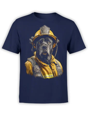 navy unisex t-shirt with realistic black firefighter dog in yellow gear and fire rescue k-9 badges on the chest