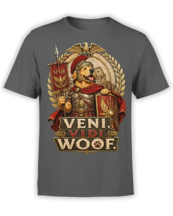 Gray unisex t-shirt with detailed Roman legion golden retriever graphic and “Veni Vidi Woof” text in vintage red and gold style