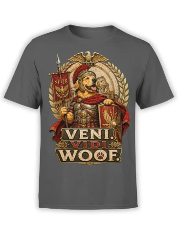 Gray unisex t-shirt with detailed Roman legion golden retriever graphic and “Veni Vidi Woof” text in vintage red and gold style