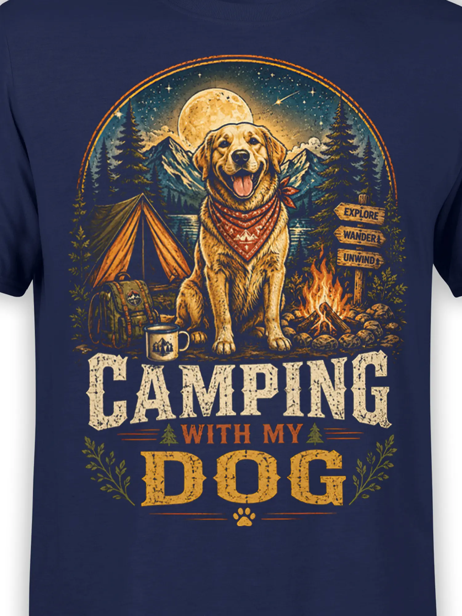 Close-up of camping dog graphic with bandana pup, campfire, tent, and moon on navy fabric