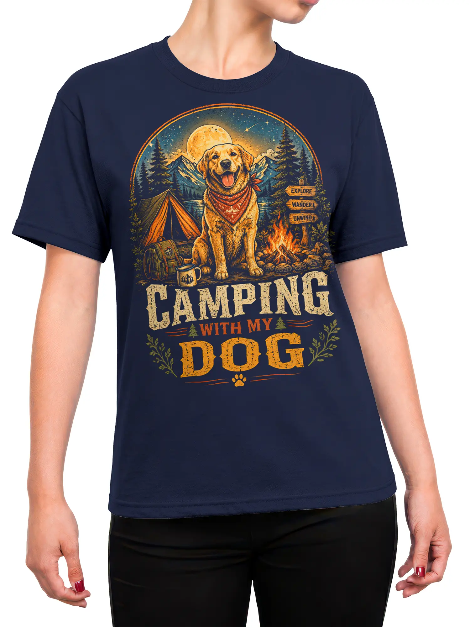 Woman wearing navy camping dog shirt with vintage campfire and dog illustration