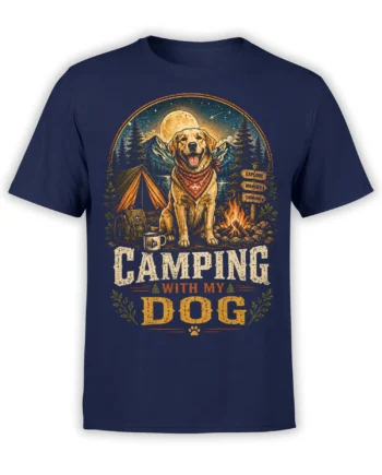 Front view of navy camping dog T-shirt with vintage retriever, tent, campfire, and moonlit forest artwork