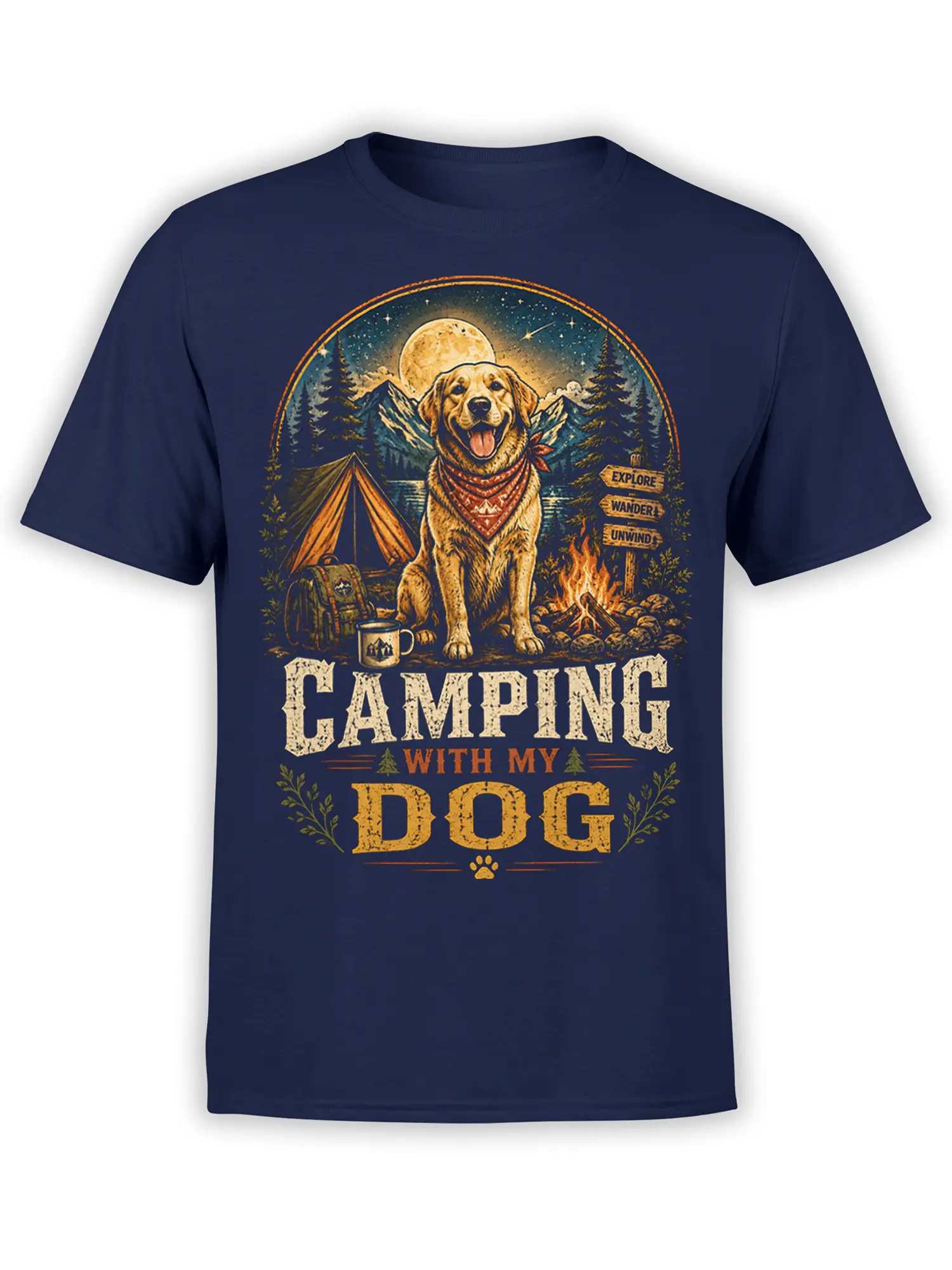 Front view of navy camping dog T-shirt with vintage retriever, tent, campfire, and moonlit forest artwork