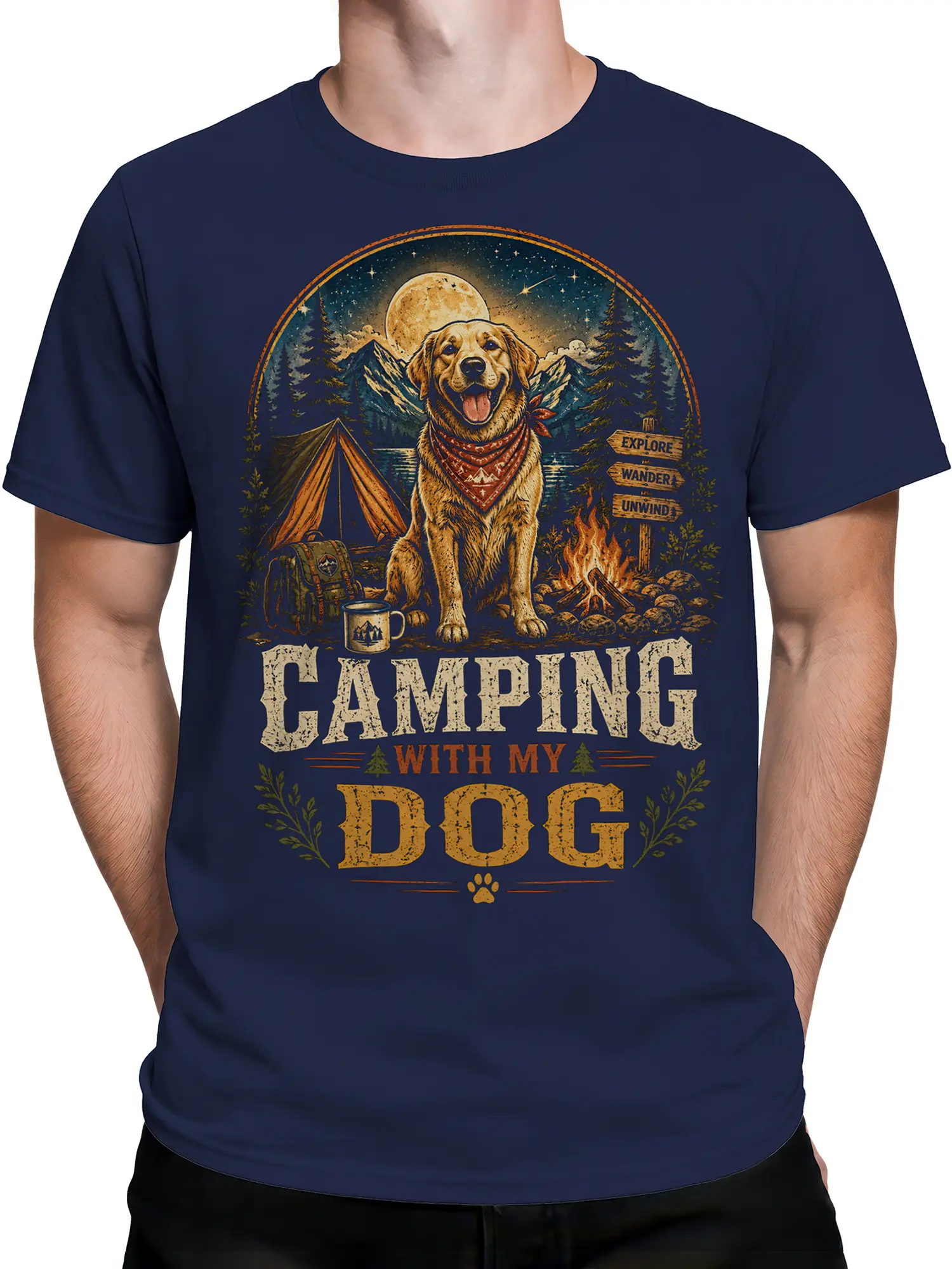 Man wearing navy camping dog T-shirt with moonlit campfire and dog scene