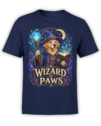 navy unisex t-shirt with a golden retriever wizard holding a glowing paw staff and spellbook under stars and moon