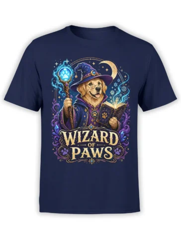 navy unisex t-shirt with a golden retriever wizard holding a glowing paw staff and spellbook under stars and moon