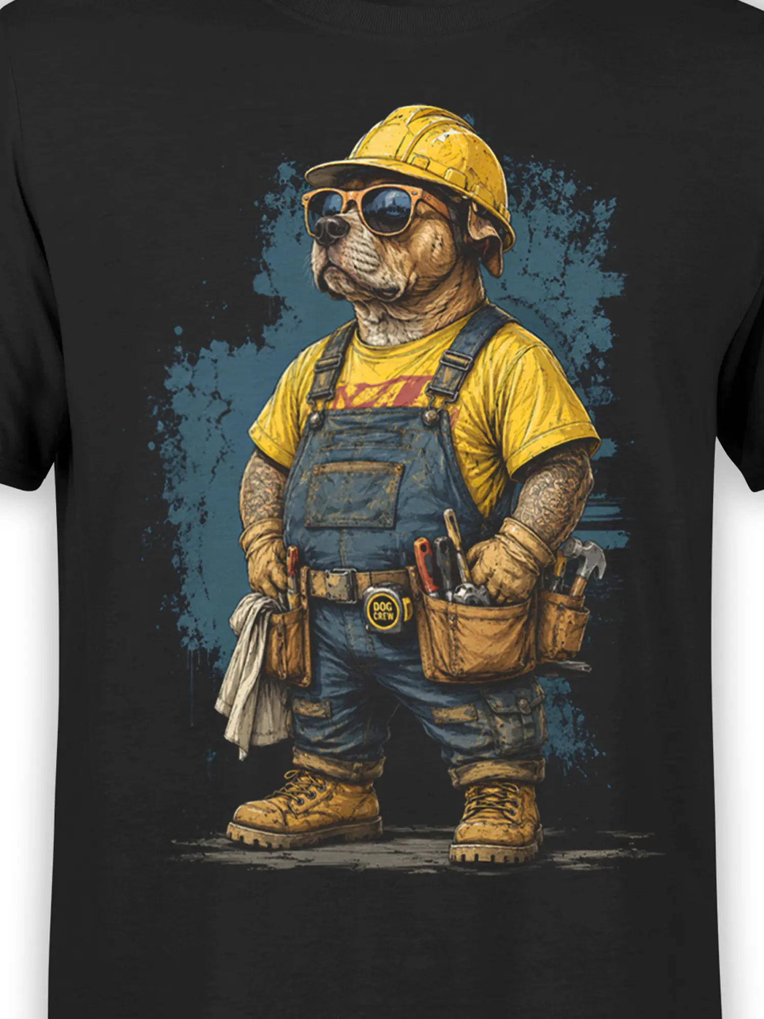 Close-up of bulldog builder graphic showing hard hat, sunglasses, worn overalls and detailed tool belt on black cotton fabric