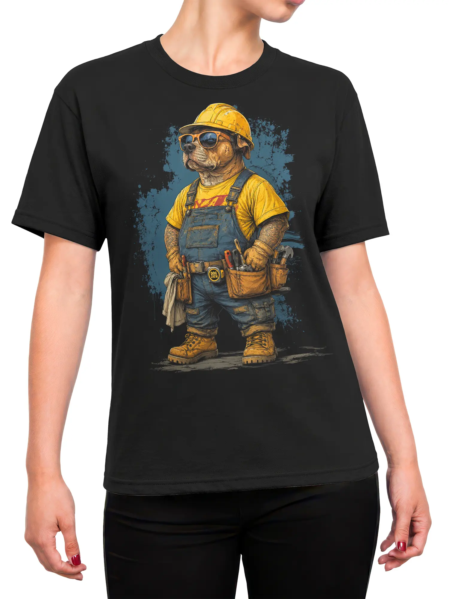 Woman wearing black bulldog construction worker shirt styled casually with jeans