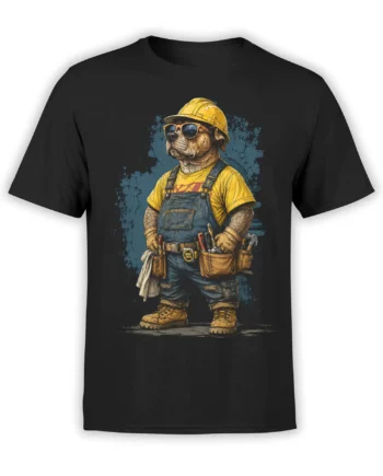 Black unisex t-shirt with bulldog construction worker in hard hat, sunglasses, overalls and tool belt standing confident on blue paint splash background