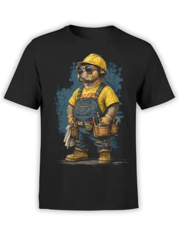 Black unisex t-shirt with bulldog construction worker in hard hat, sunglasses, overalls and tool belt standing confident on blue paint splash background
