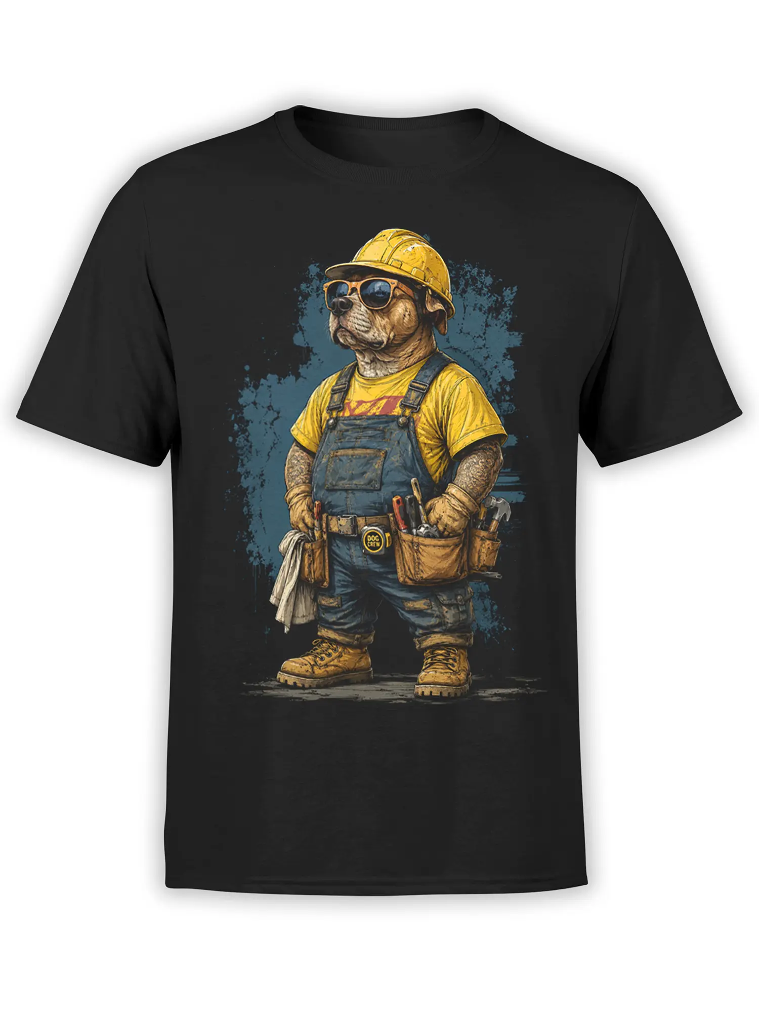 Black unisex t-shirt with bulldog construction worker in hard hat, sunglasses, overalls and tool belt standing confident on blue paint splash background