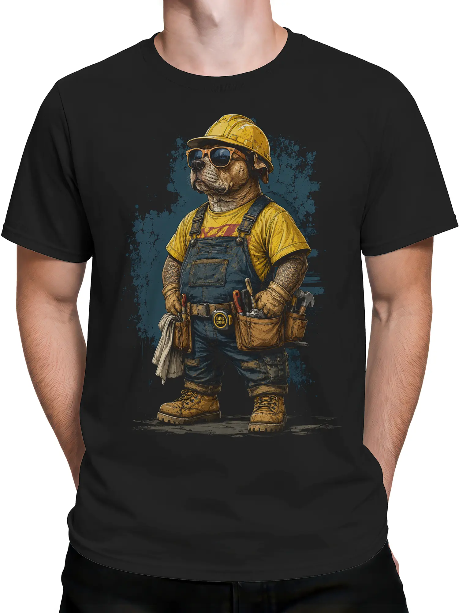 Man wearing black bulldog builder graphic tee with construction worker dog design