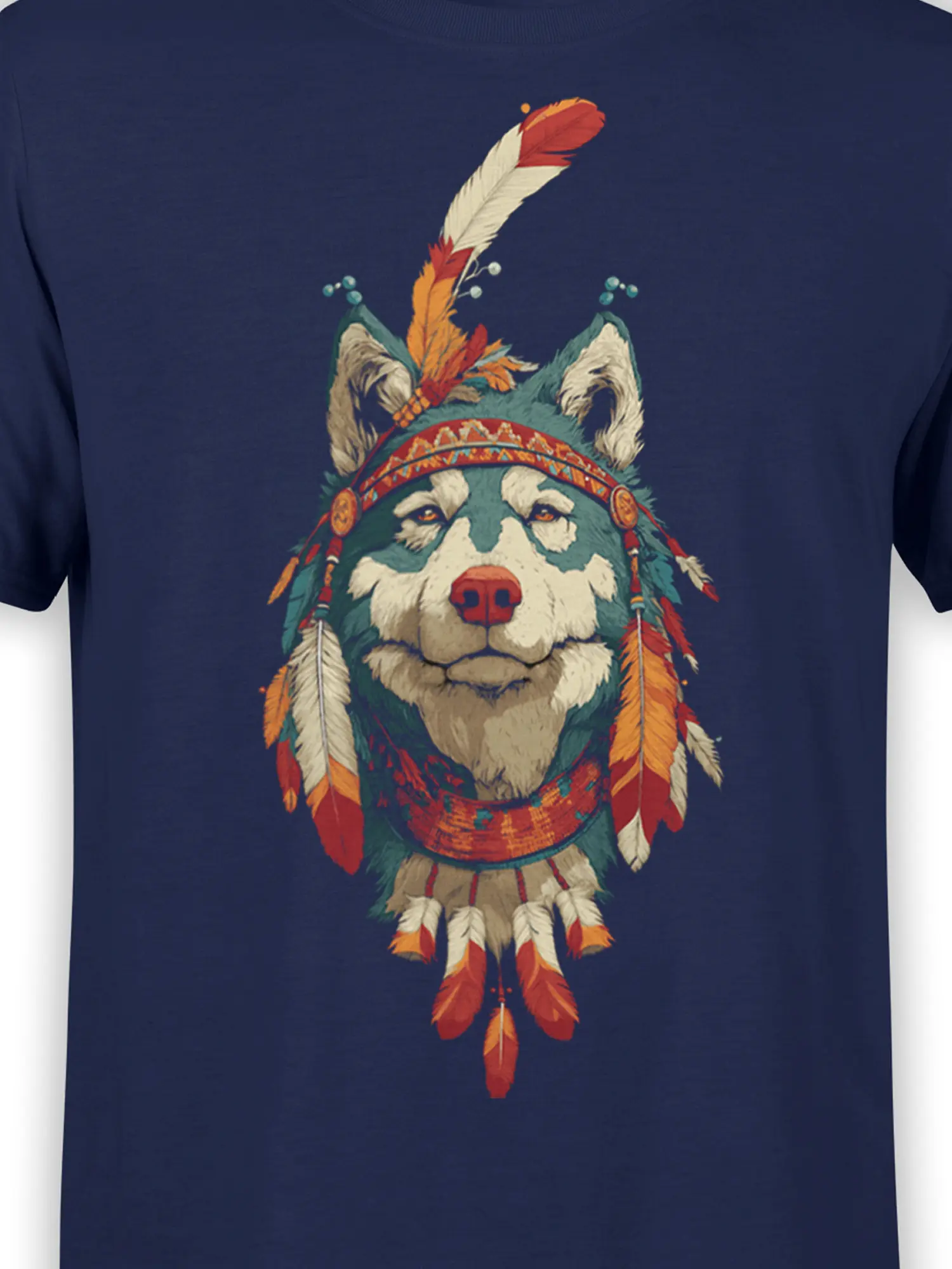close-up of tribal wolf head graphic with colorful feathers printed on navy cotton fabric