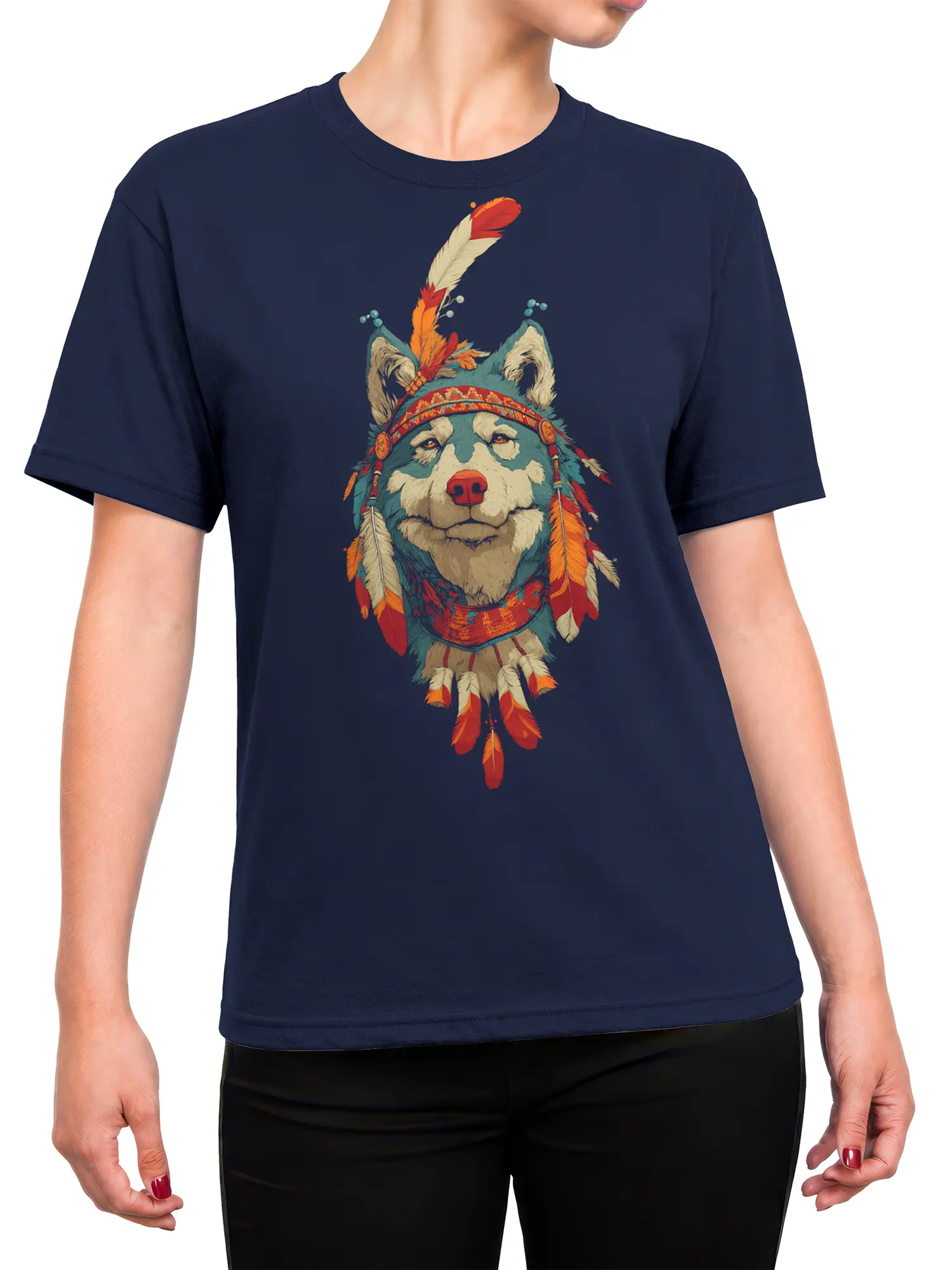 female model wearing navy tribal wolf warrior shirt with feathered wolf design centered on chest