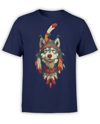 navy unisex t-shirt with a tribal wolf warrior design featuring a calm wolf face and bright feathered headpiece
