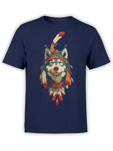 navy unisex t-shirt with a tribal wolf warrior design featuring a calm wolf face and bright feathered headpiece