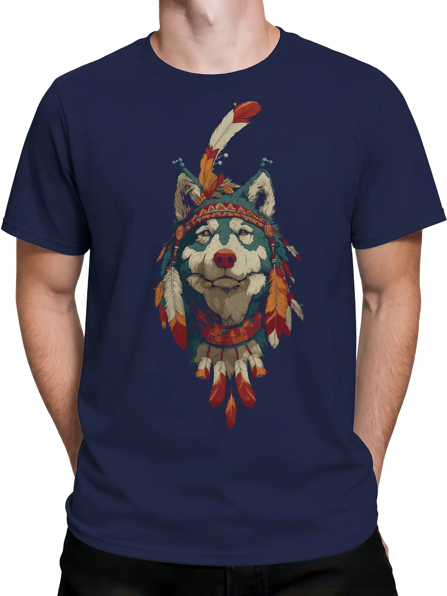 male model in navy wolf warrior shirt featuring tribal wolf head and feathered headpiece