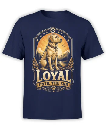 navy t-shirt with vintage loyal dog artwork, golden sunrise, mountains, and bold Loyal Until The End text