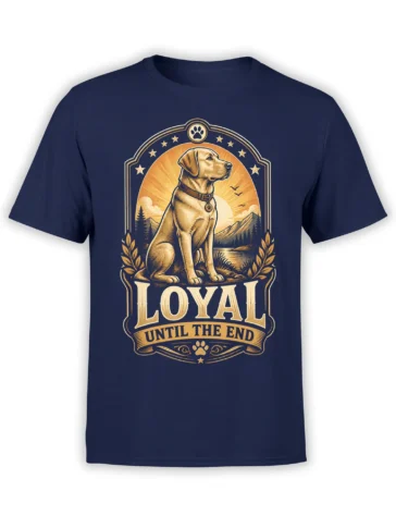 navy t-shirt with vintage loyal dog artwork, golden sunrise, mountains, and bold Loyal Until The End text