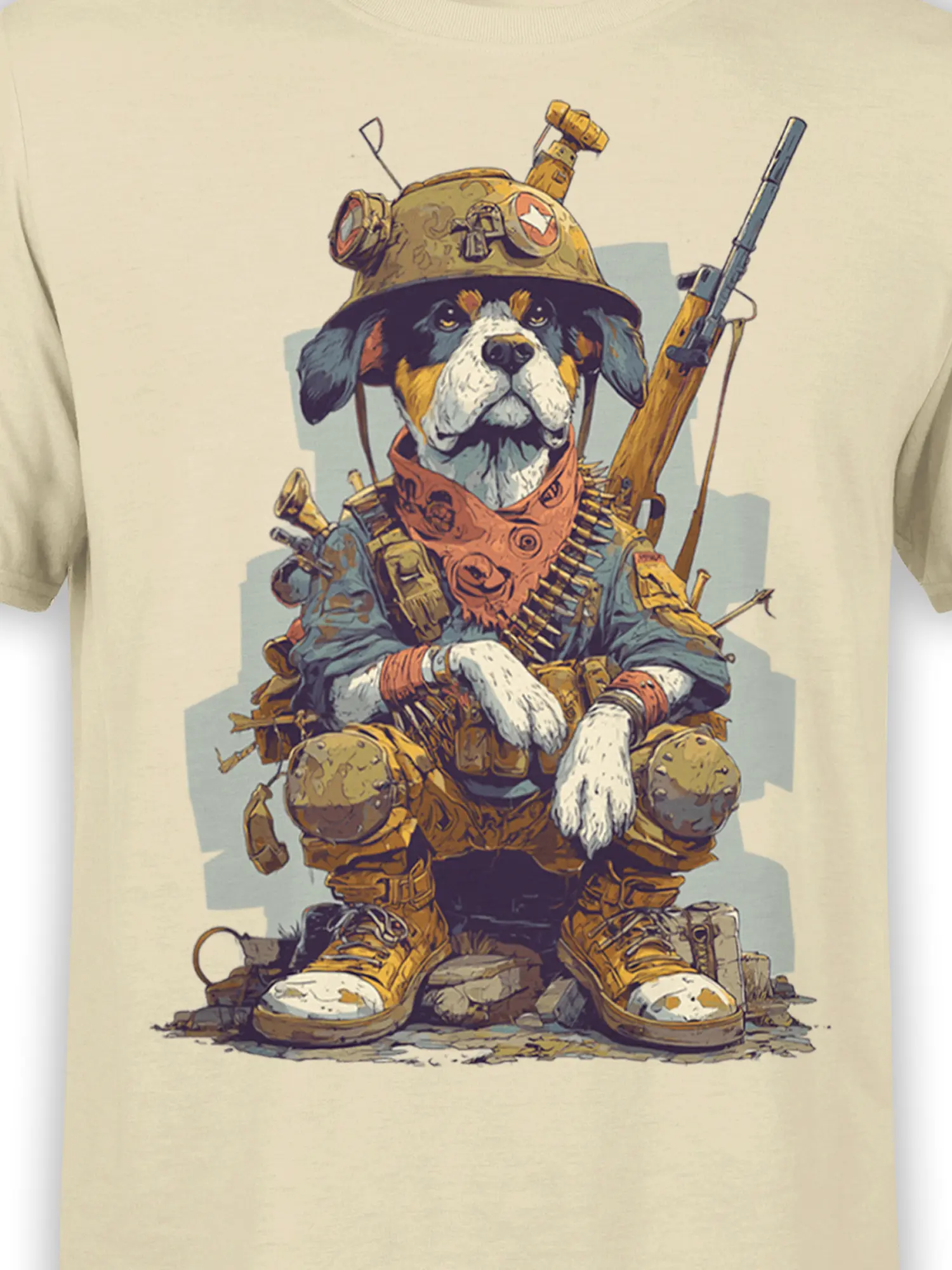 close-up of warrior dog soldier illustration with combat gear on beige cotton t-shirt
