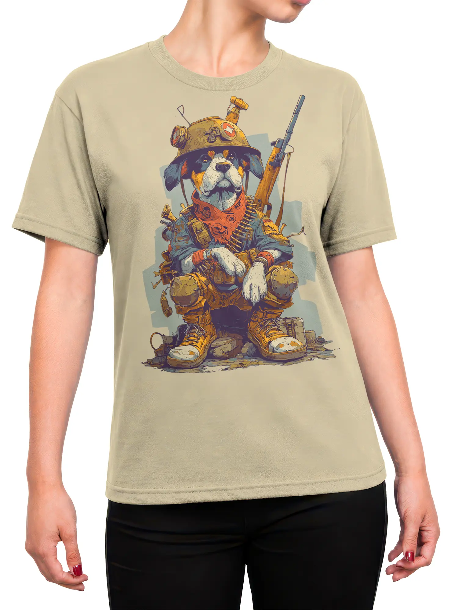 female model wearing beige warrior dog soldier graphic t-shirt with tactical dog illustration