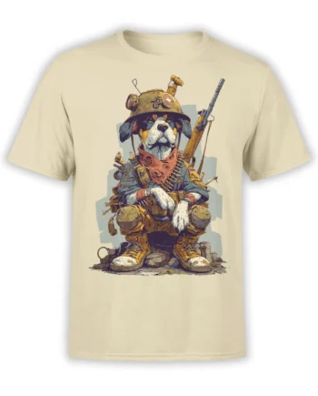 beige unisex t-shirt with detailed warrior dog soldier illustration wearing helmet, bandana, and rifle on back