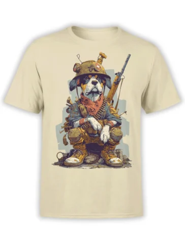 beige unisex t-shirt with detailed warrior dog soldier illustration wearing helmet, bandana, and rifle on back
