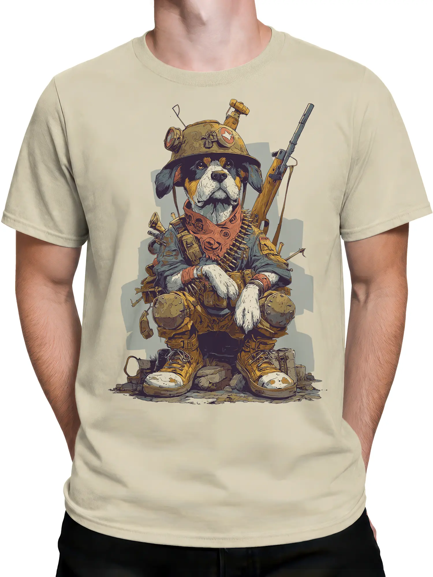 male model wearing beige battle pup dog soldier t-shirt with rifle and combat gear