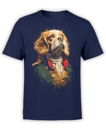 navy unisex t-shirt with a painterly portrait of a noble dog in vintage military uniform centered on the chest