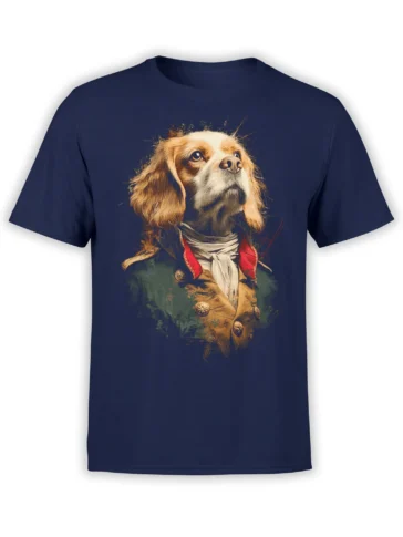 navy unisex t-shirt with a painterly portrait of a noble dog in vintage military uniform centered on the chest