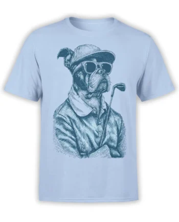 Light blue unisex T-shirt with detailed bulldog golfer illustration wearing sunglasses, cap, and polo shirt holding a golf club