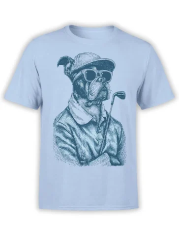 Light blue unisex T-shirt with detailed bulldog golfer illustration wearing sunglasses, cap, and polo shirt holding a golf club