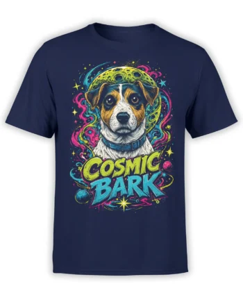 navy unisex shirt with colorful space dog illustration and bold Cosmic Bark text surrounded by neon galaxies and planets
