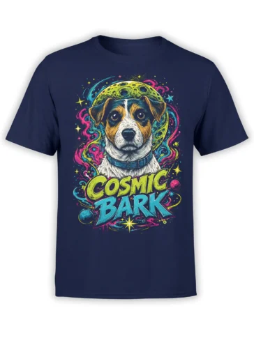 navy unisex shirt with colorful space dog illustration and bold Cosmic Bark text surrounded by neon galaxies and planets