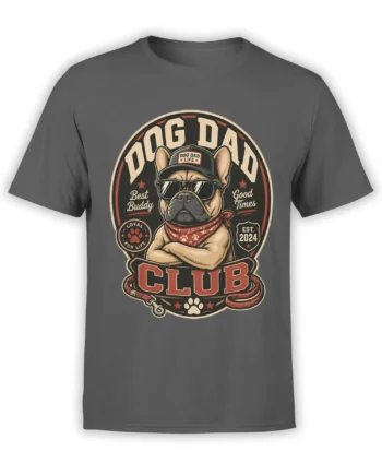 Gray unisex t-shirt with vintage Dog Dad Club design showing a bulldog in sunglasses, cap, and bandana inside a bold badge graphic