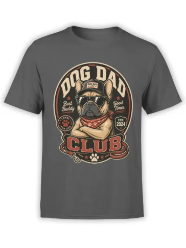 Gray unisex t-shirt with vintage Dog Dad Club design showing a bulldog in sunglasses, cap, and bandana inside a bold badge graphic