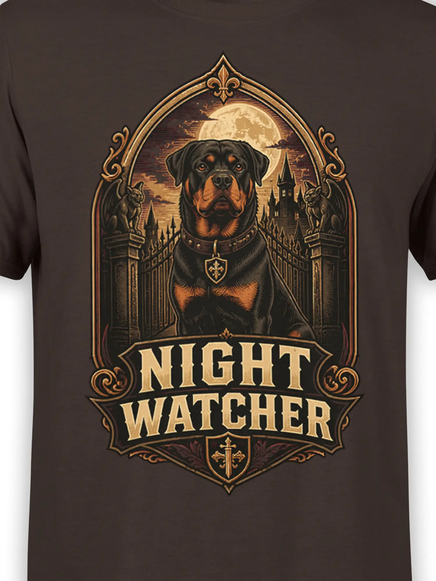 close-up of gothic rottweiler night watcher artwork with castle, gargoyles and full moon on brown fabric