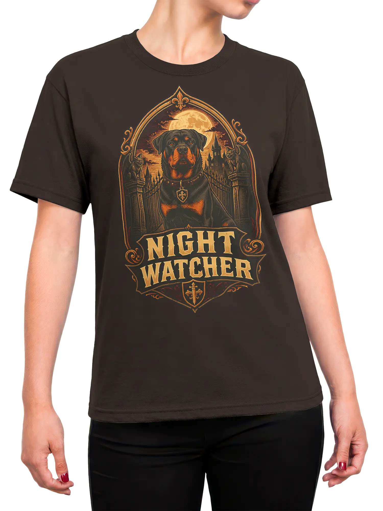 female model wearing brown night watcher rottweiler shirt with gothic castle and full moon design