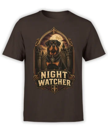 brown unisex t-shirt with gothic rottweiler night watcher design framed by a castle gate and full moon