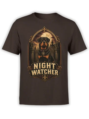 brown unisex t-shirt with gothic rottweiler night watcher design framed by a castle gate and full moon
