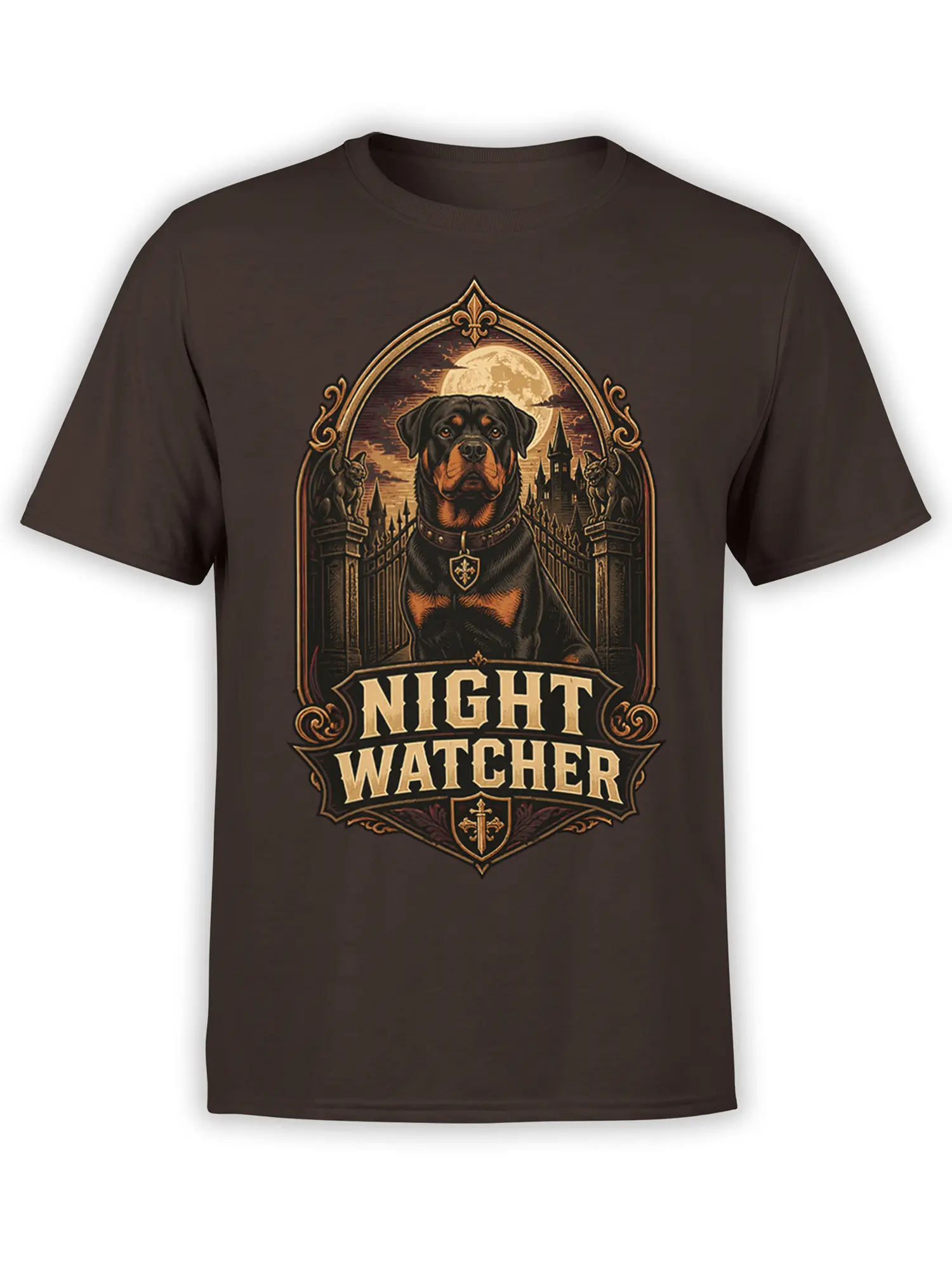 brown unisex t-shirt with gothic rottweiler night watcher design framed by a castle gate and full moon