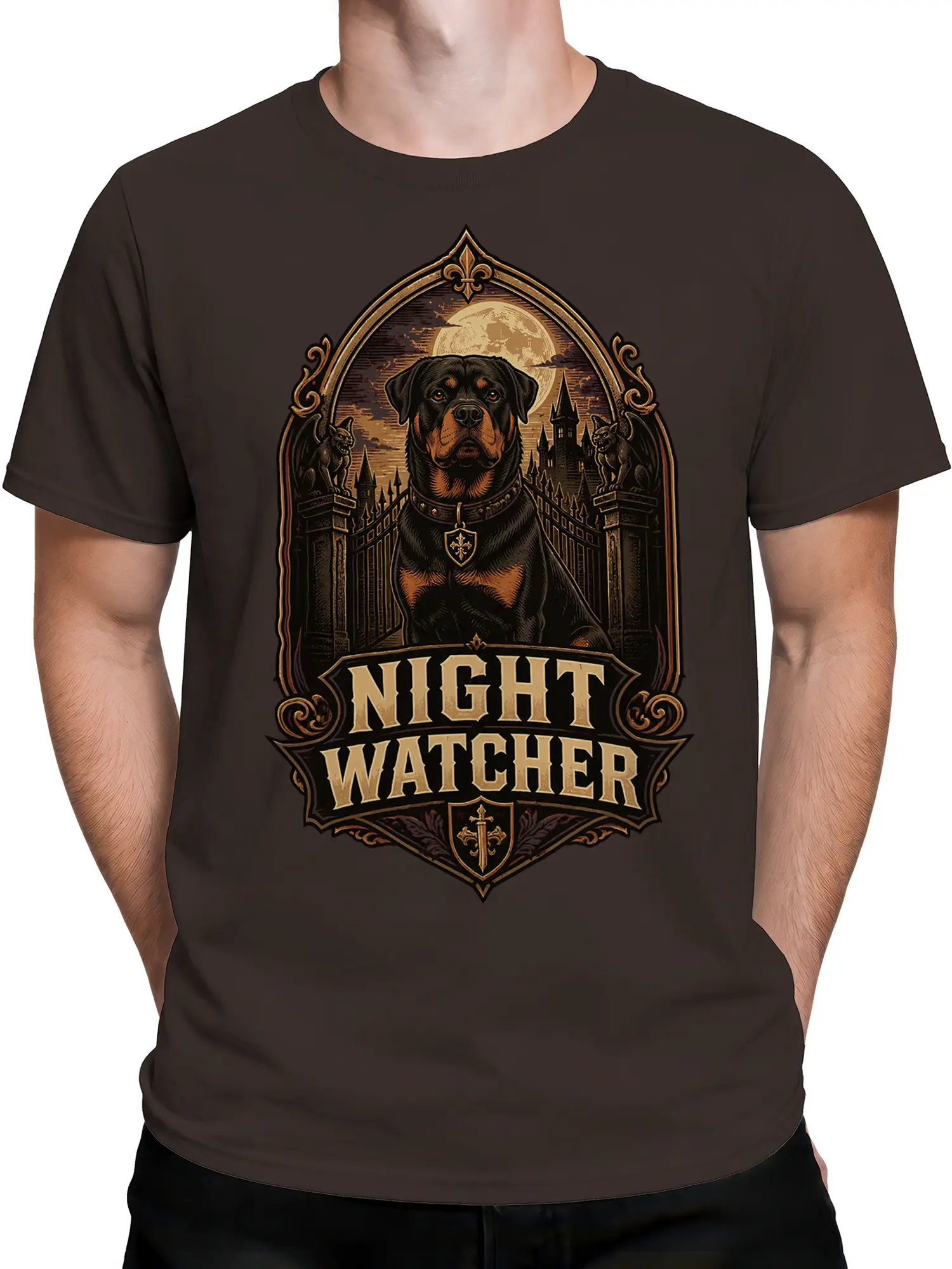 male model in brown night watcher rottweiler tee with gothic gate and full moon graphic