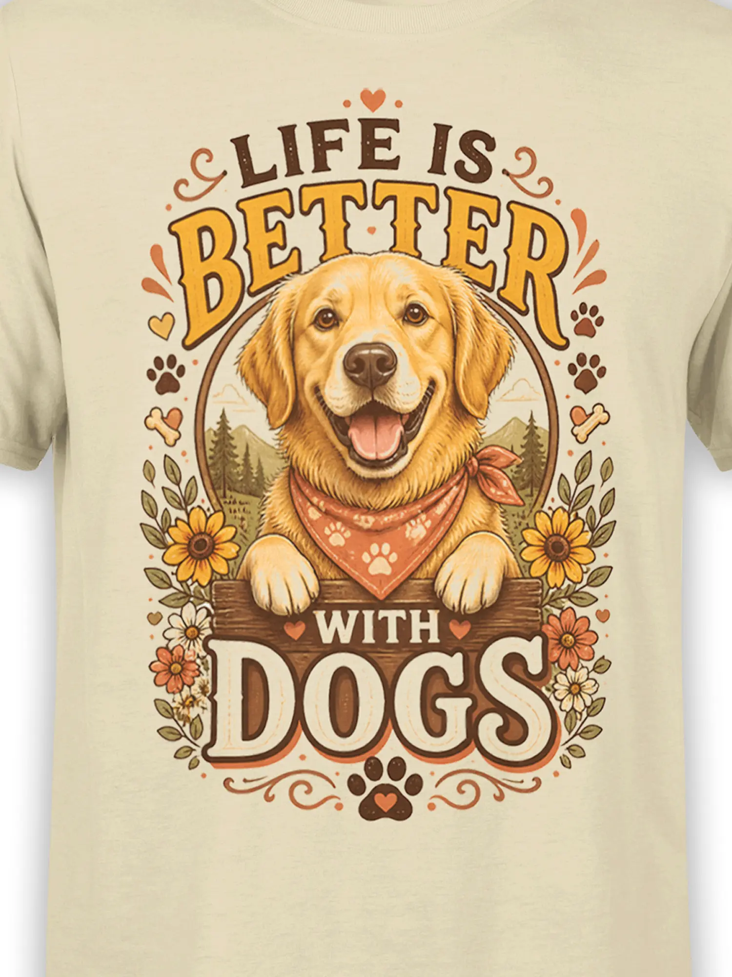 Close-up of golden retriever illustration and Life Is Better With Dogs quote with flowers and paw prints on beige fabric